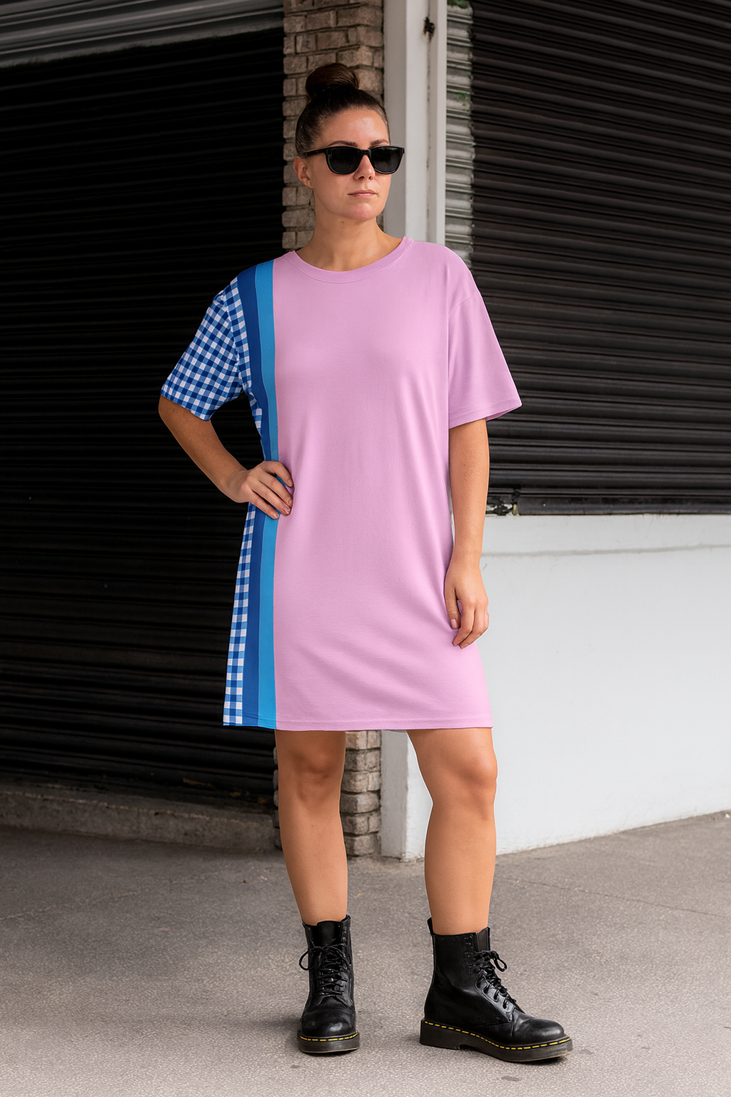 Kindergarten-Inspired Dress – Pink and Blue Retro Check Pattern T-Shirt Dress